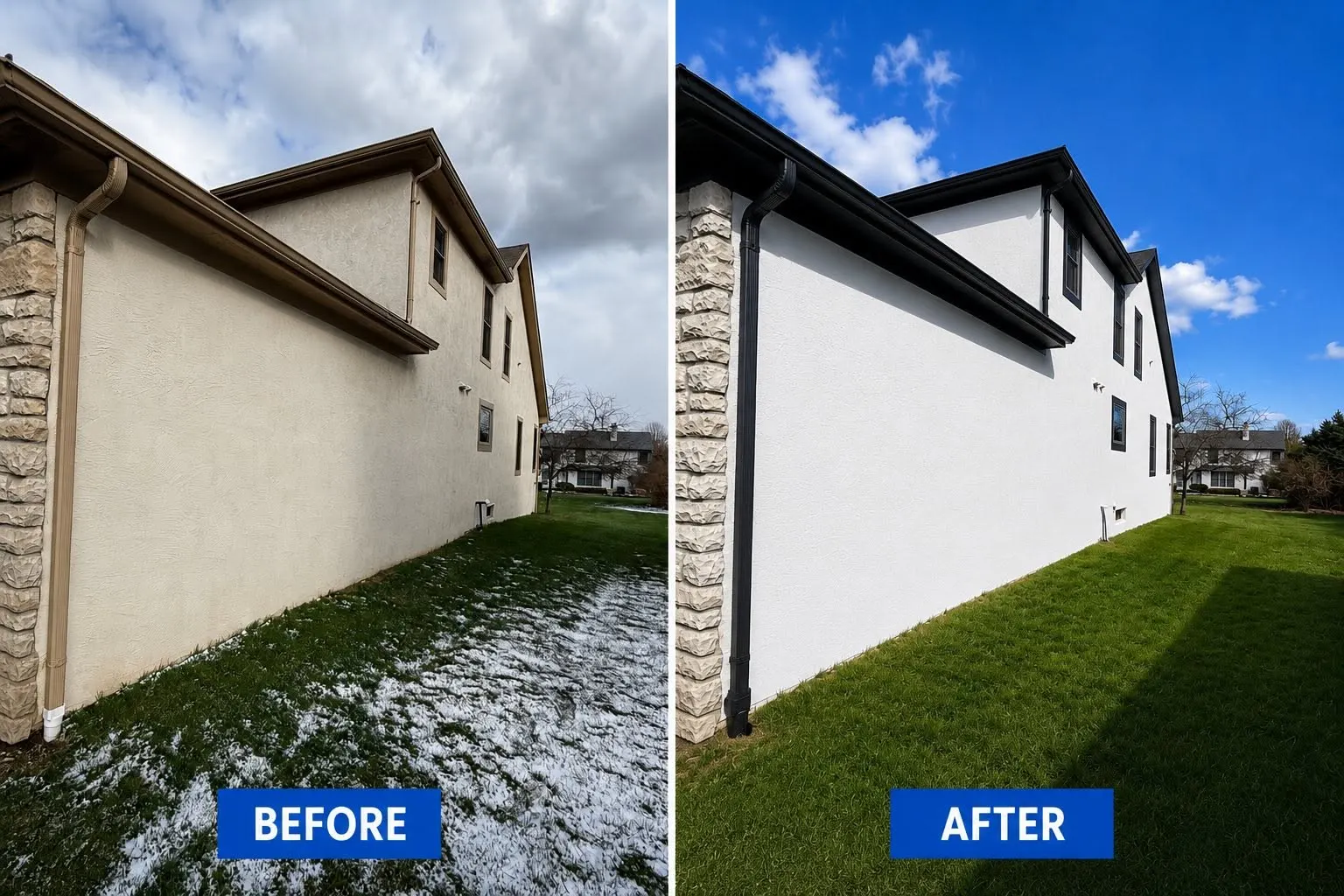 Before and after exterior stucco painting project in Central Ohio