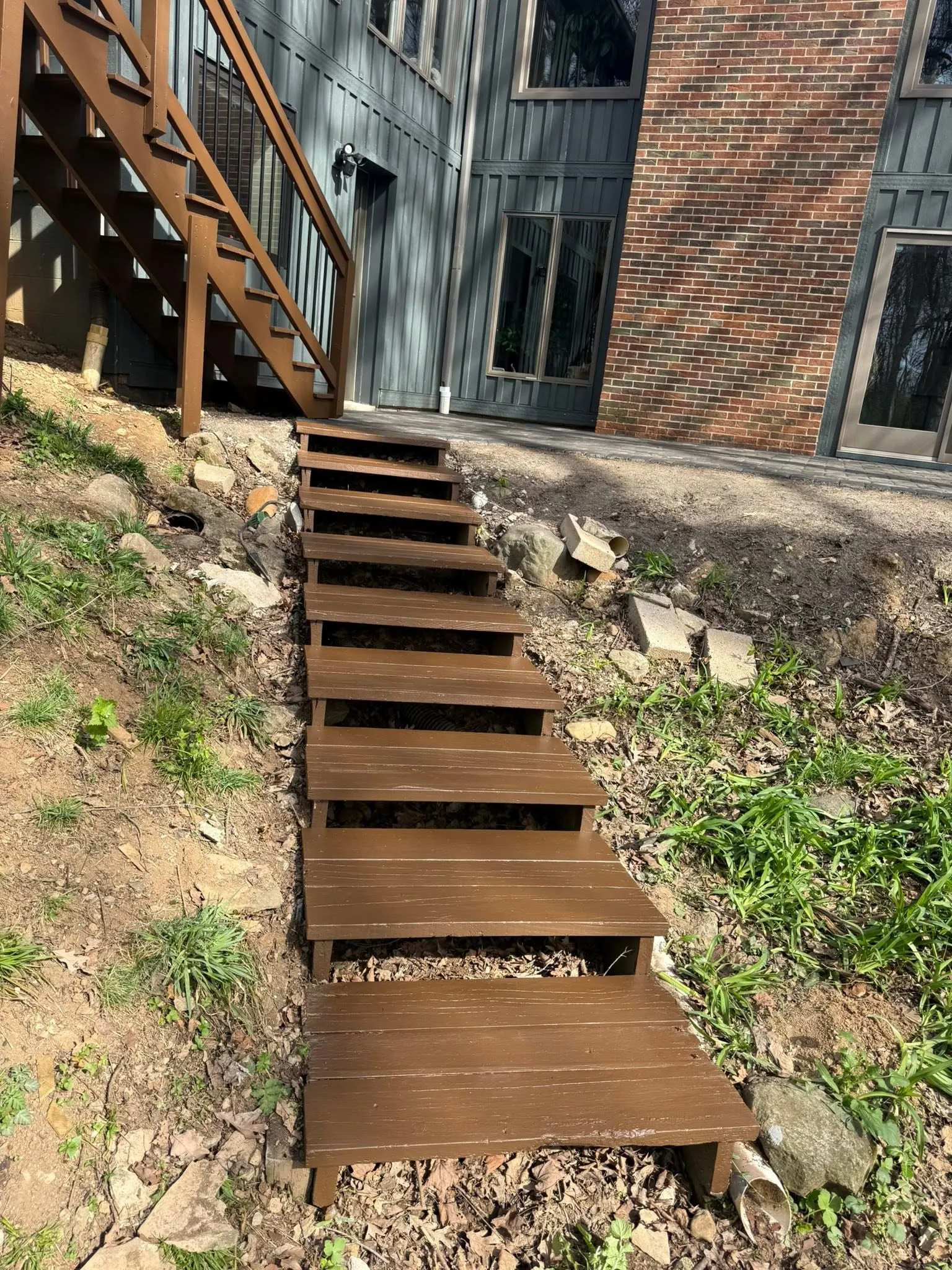 Restored and stained exterior wooden stairs