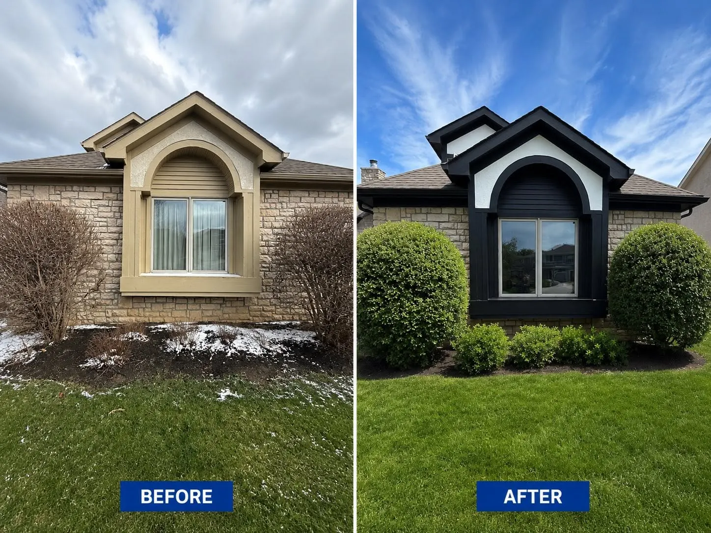 Before and after front exterior repaint with updated trim colors